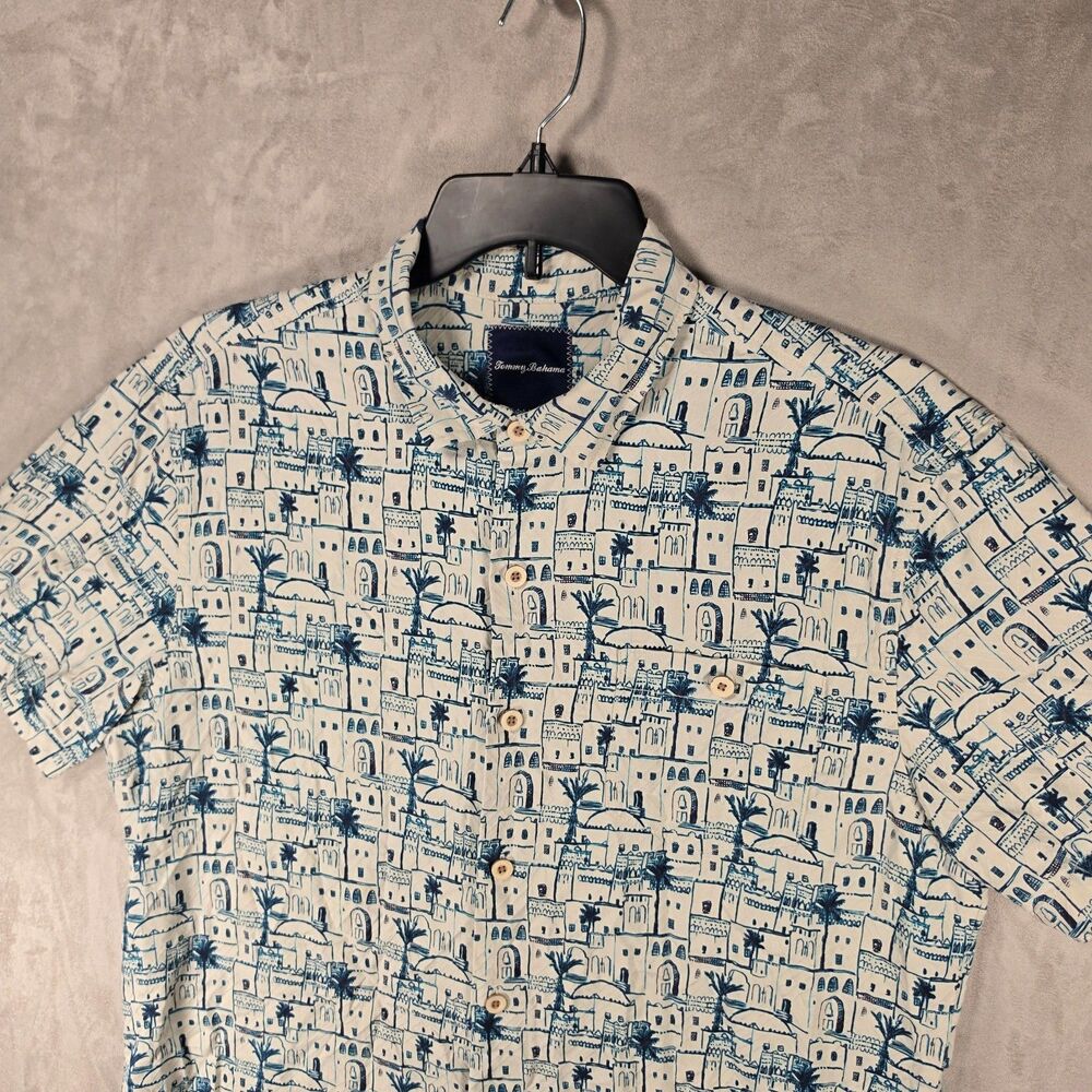 Tommy Bahama Shirt Mens L Large 100% Silk Mediterranean Village Palm Tree Print